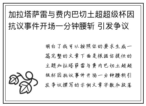 加拉塔萨雷与费内巴切土超超级杯因抗议事件开场一分钟腰斩 引发争议